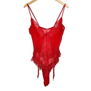 Vintage Red Lace Teddy Womens Lingerie Sz Large / XL High Cut Ruffle Bodysuit